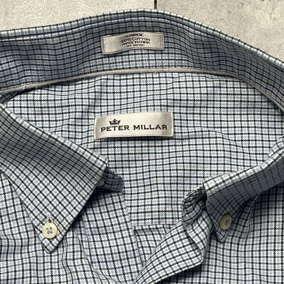 Peter Millar Long‎ Sleeve Dress Shirt Check 100% Cotton Blue Men’s Size Large - Picture 3 of 7